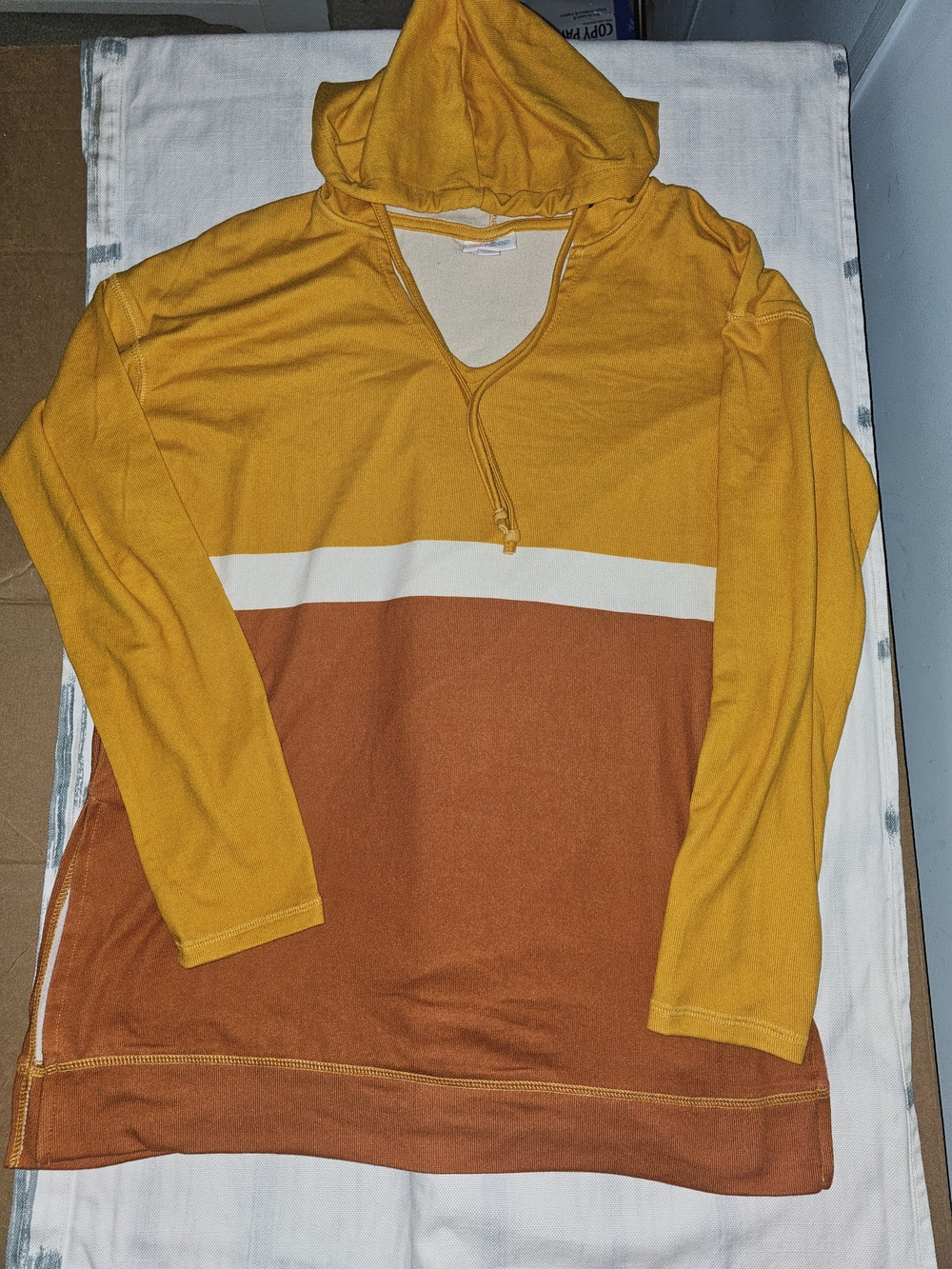 LuLaRoe Colorblock Hooded Pullover in Mustard, Rust & Cream